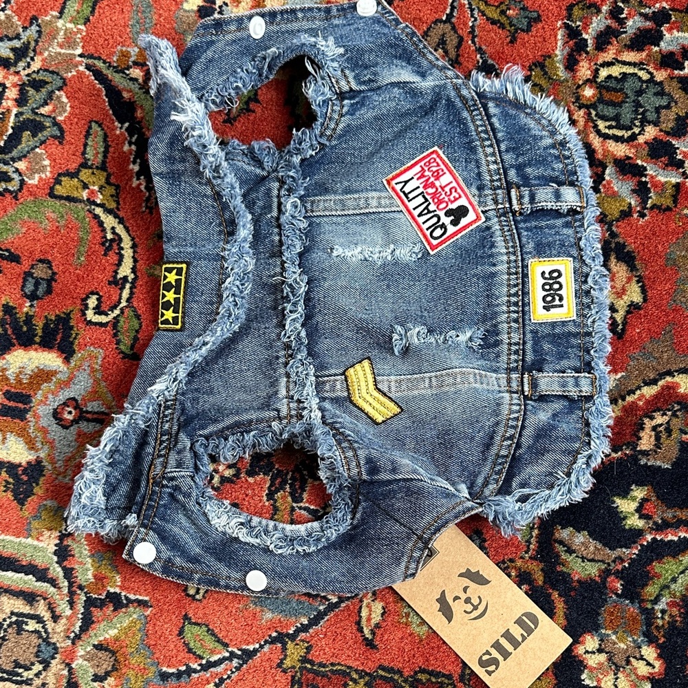 Stylish Denim Dog Jacket with Patches. Could be used for cats too!